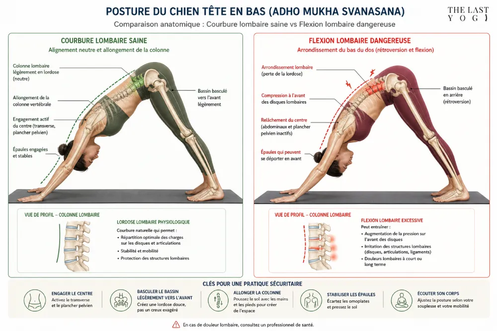 Comparaison entre une courbure lombaire saine et une flexion dangereuse dans la posture du chien tête en bas