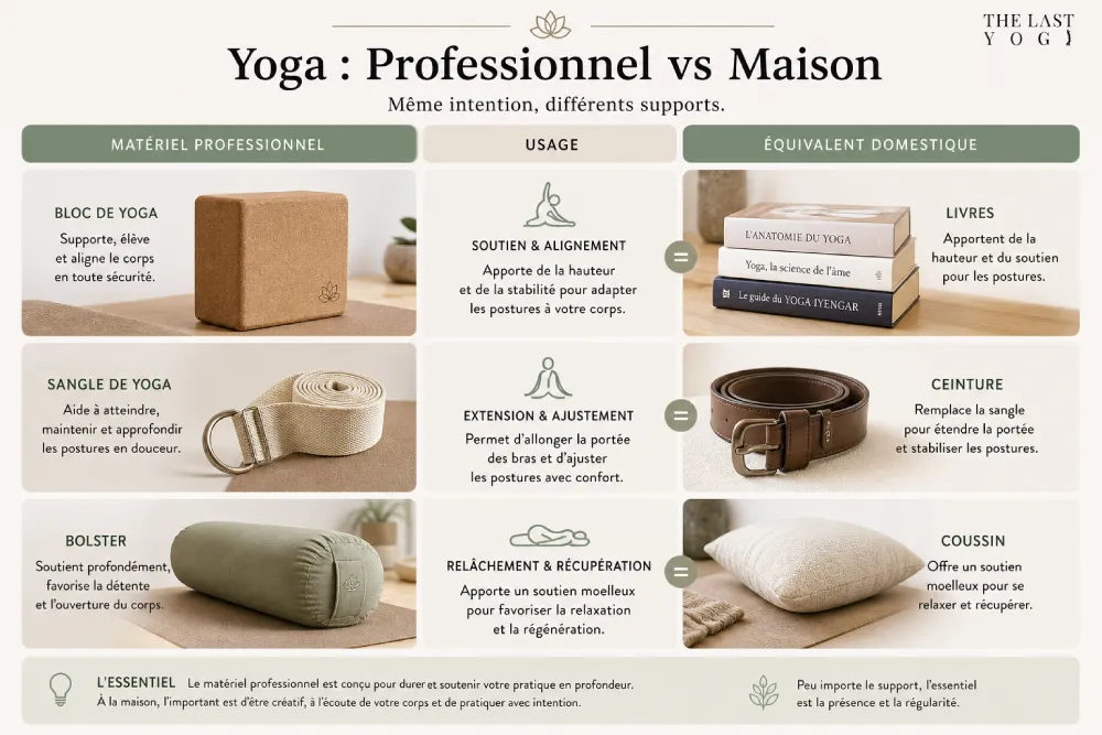 Comparatif entre le matériel de yoga professionnel et ses équivalents domestiques
