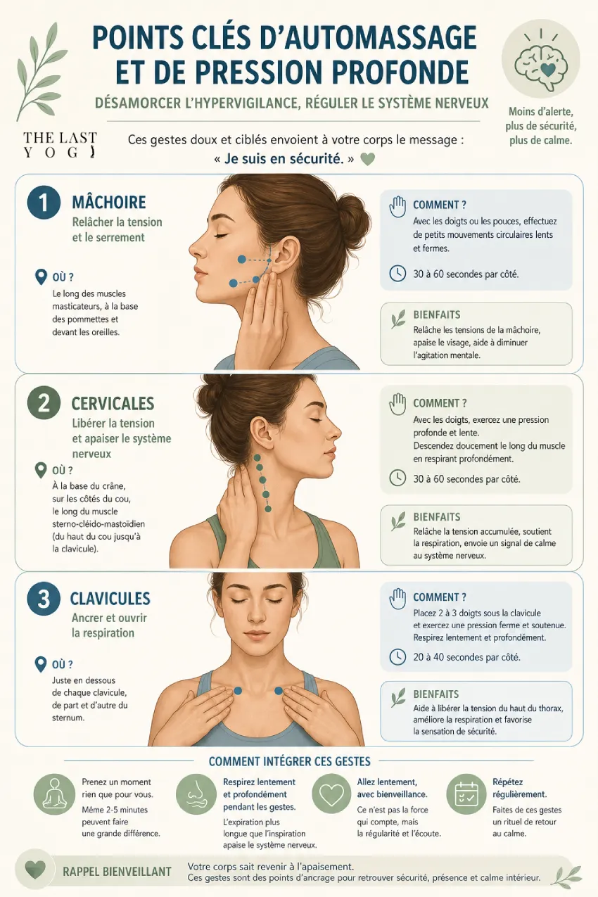 Points clés d'automassage et de pression profonde (mâchoire, cervicales, clavicules) pour désamorcer l'hypervigilance