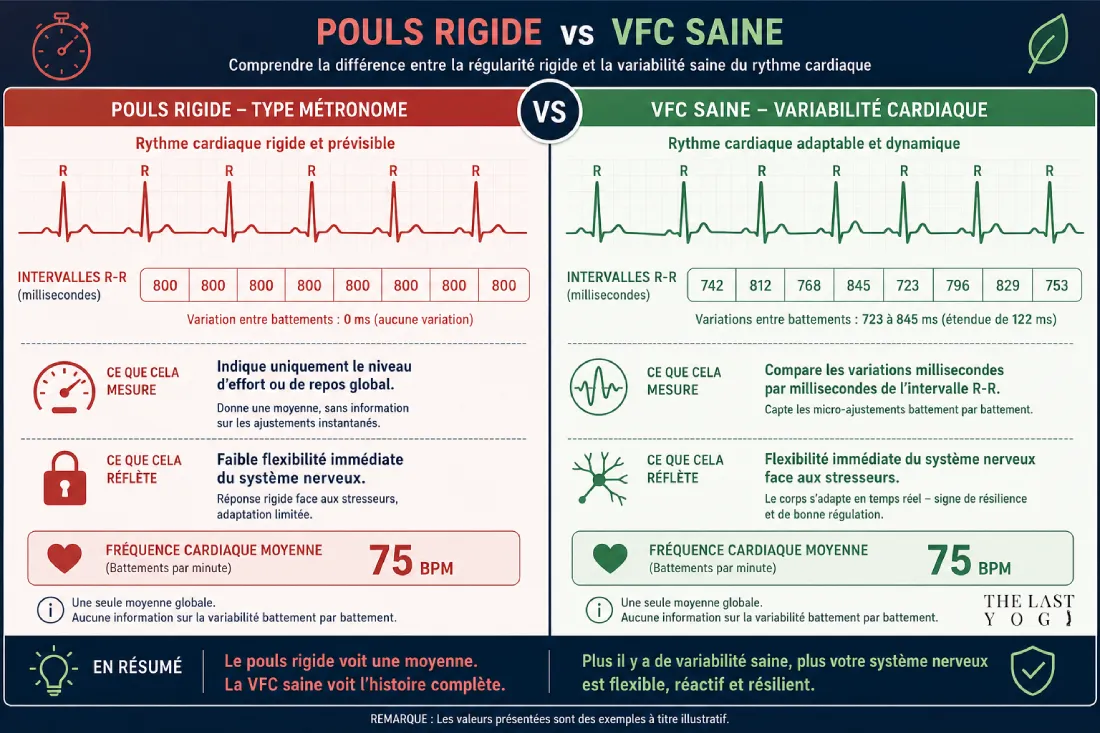 Infographie comparaison visuelle entre un pouls rigide de type métronome et une VFC saine affichant des micro-variations en millisecondes entre les ondes R-R