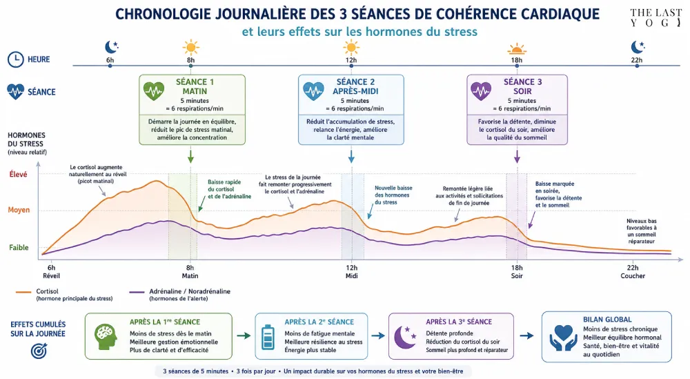 Chronologie journalière des 3 séances de cohérence cardiaque et de leurs effets sur les hormones du stress