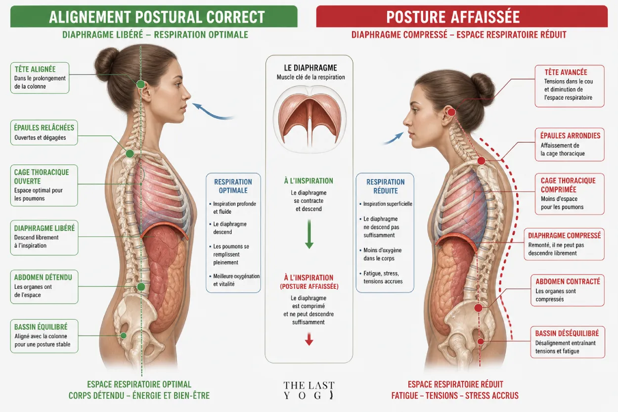 Schéma anatomique : Comparaison d'un alignement postural correct libérant le diaphragme face à une posture affaissée comprimant l'espace respiratoire